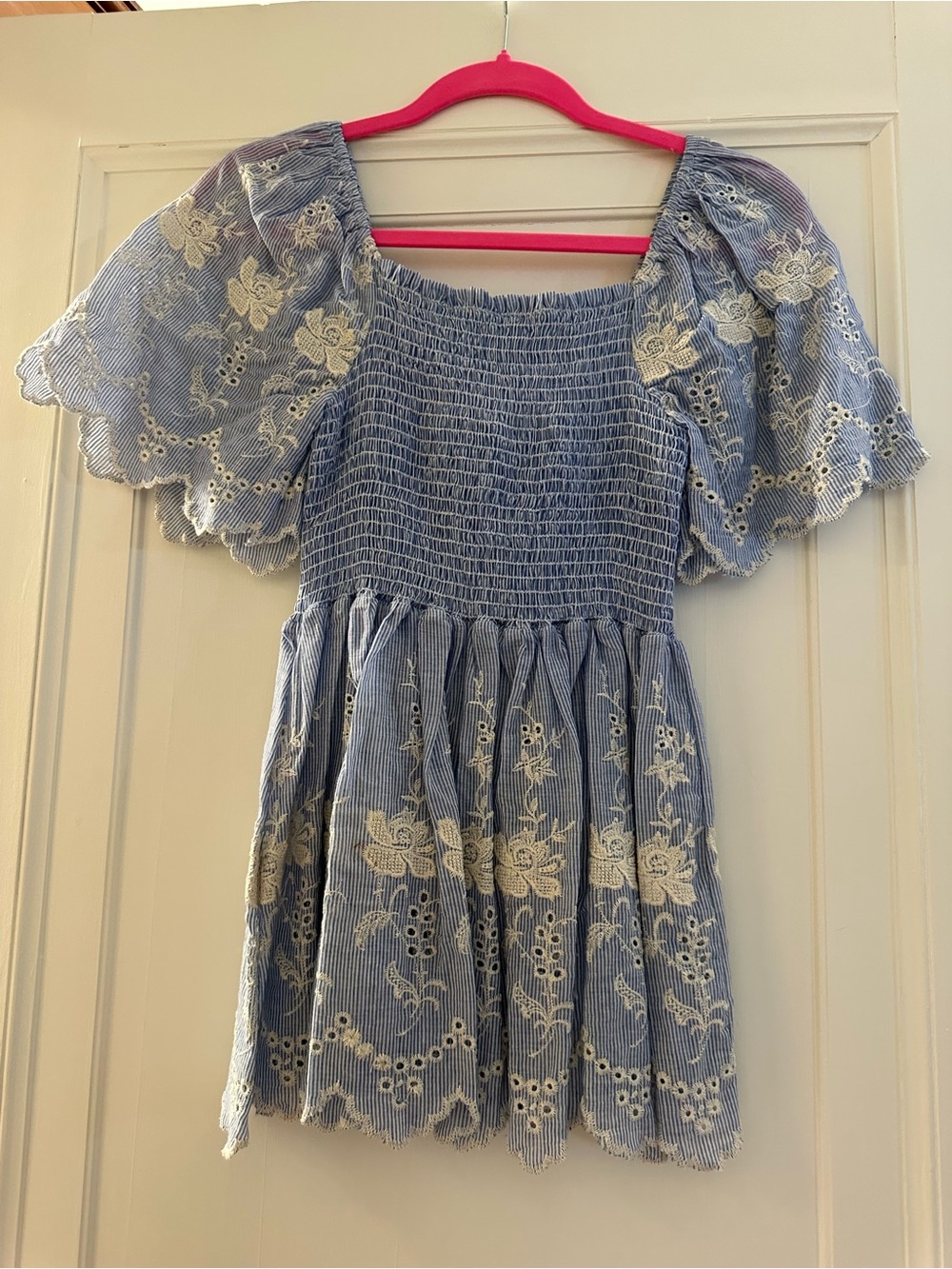 Blue Embroidered Smocked Tunic Top